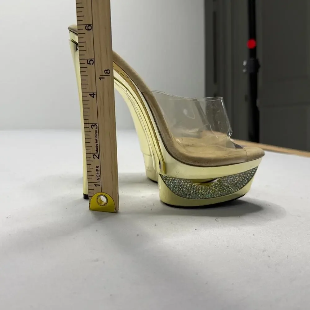 Pleaser vintage y2k Gold platform heels clear plastic straps club heels size 6